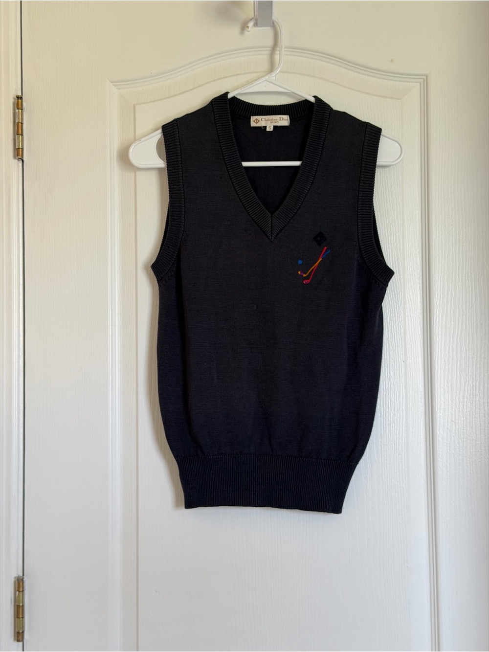 Vintage Christian Dior Sports Golf Sweater Vest S Navy Embroidered Logo V Neck